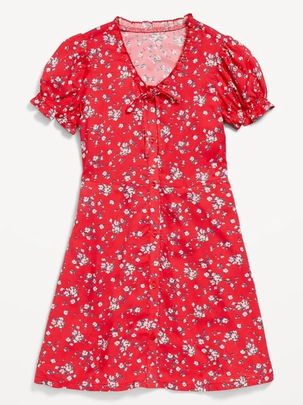 Old Navy Button Front Fit & Flare Dress Girls XS 5 Red Floral Puff Sleeve
